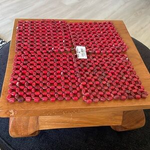 Set of 4 Red Vintage Coasters-Wood Beaded-Square Shape-Barware